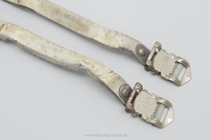 REG w) End Buttons Leather Vintage White Pedal / Toe Clip Straps - Pedal Pedlar - Bike Parts For Sale