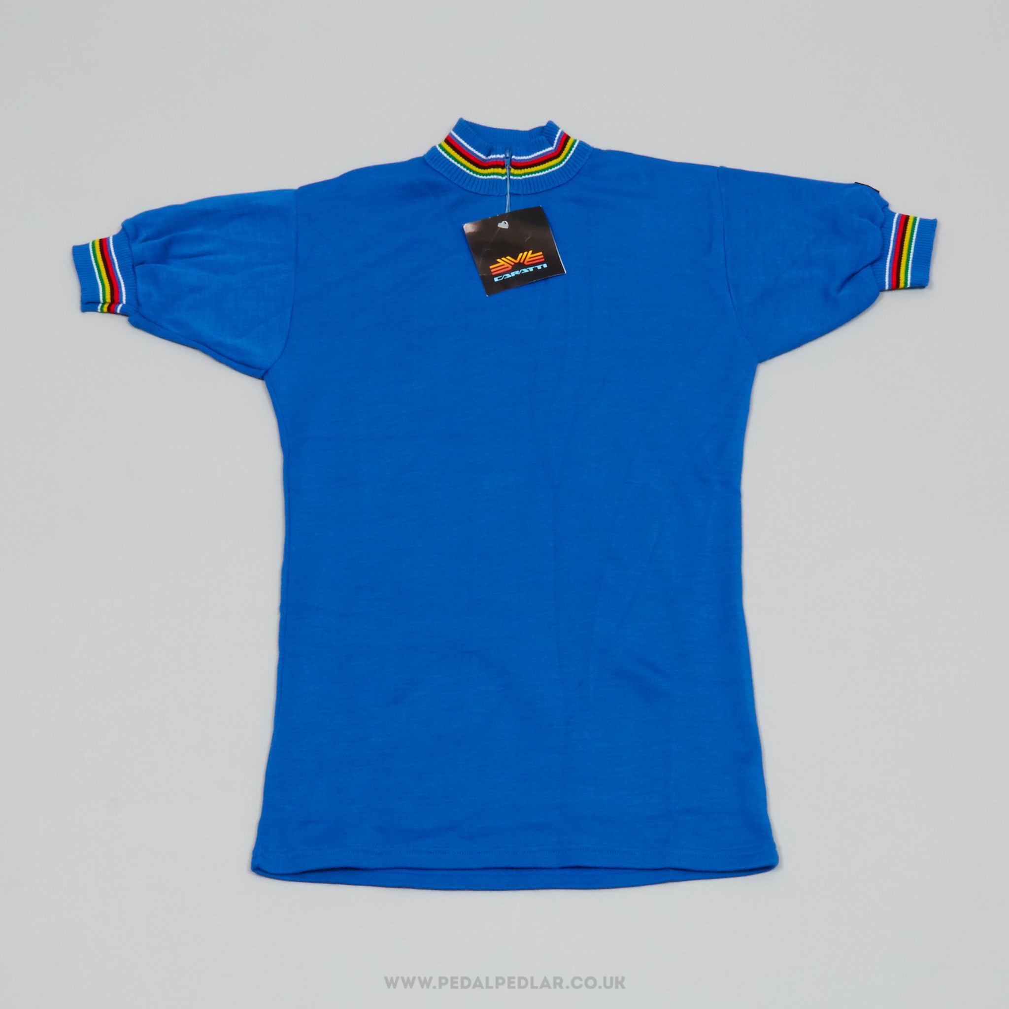Caratti Blue w) World Champion Stripes Small NOS Vintage Cycling Jersey - Pedal Pedlar - Buy New Old Stock Clothing