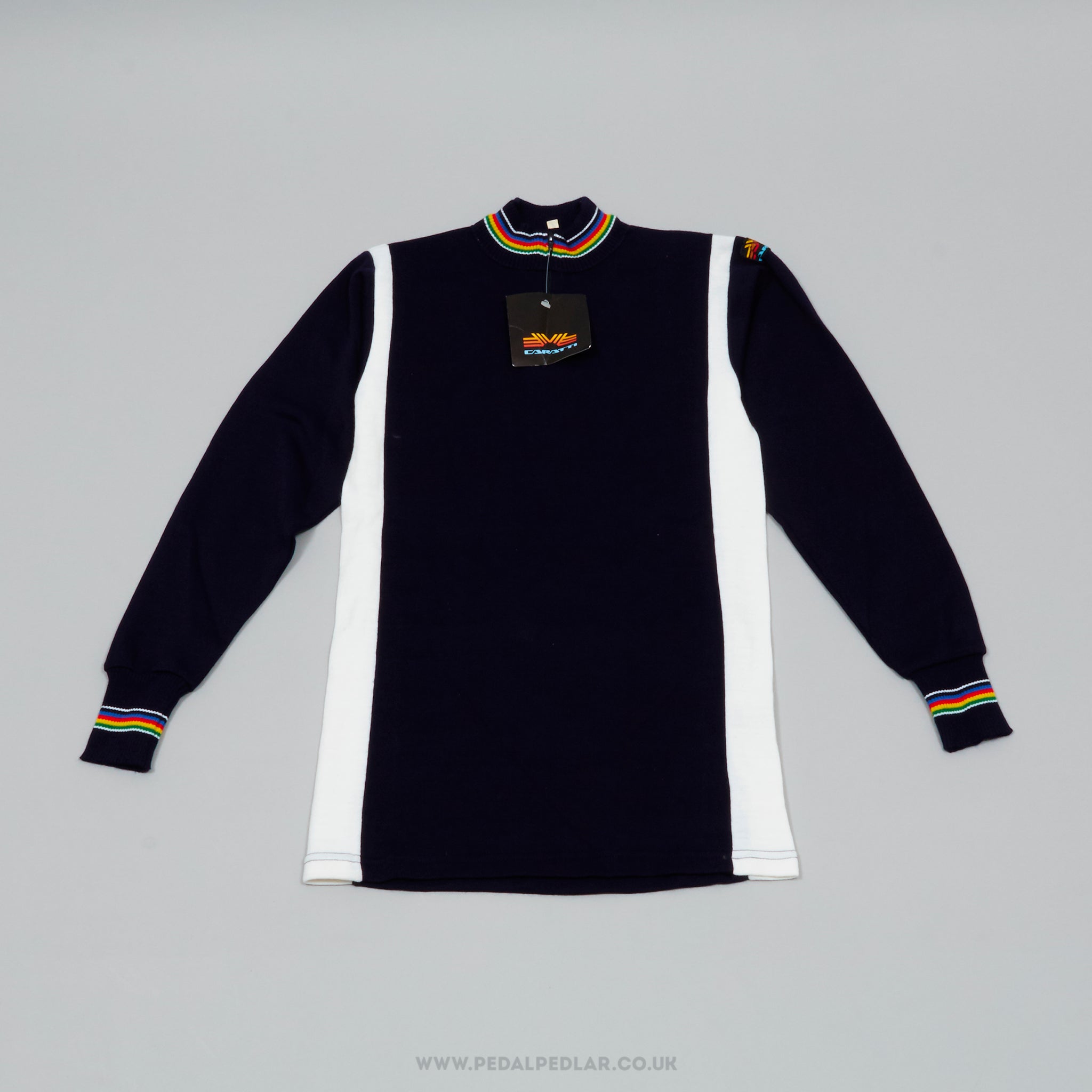 Caratti Dark Blue & White w) World Champion Stripes XS NOS Vintage Long Sleeved Cycling Jersey - Pedal Pedlar - Buy New Old Stock Clothing