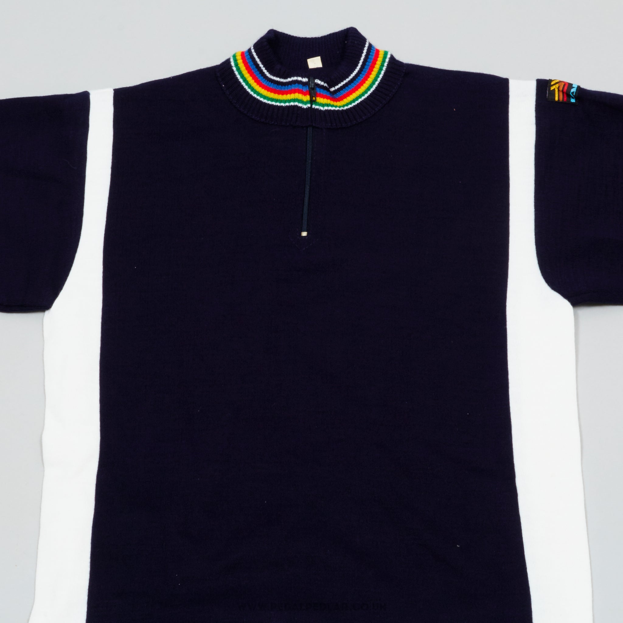 Caratti Dark Blue & White w) World Champion Stripes XS NOS Vintage Long Sleeved Cycling Jersey - Pedal Pedlar - Buy New Old Stock Clothing