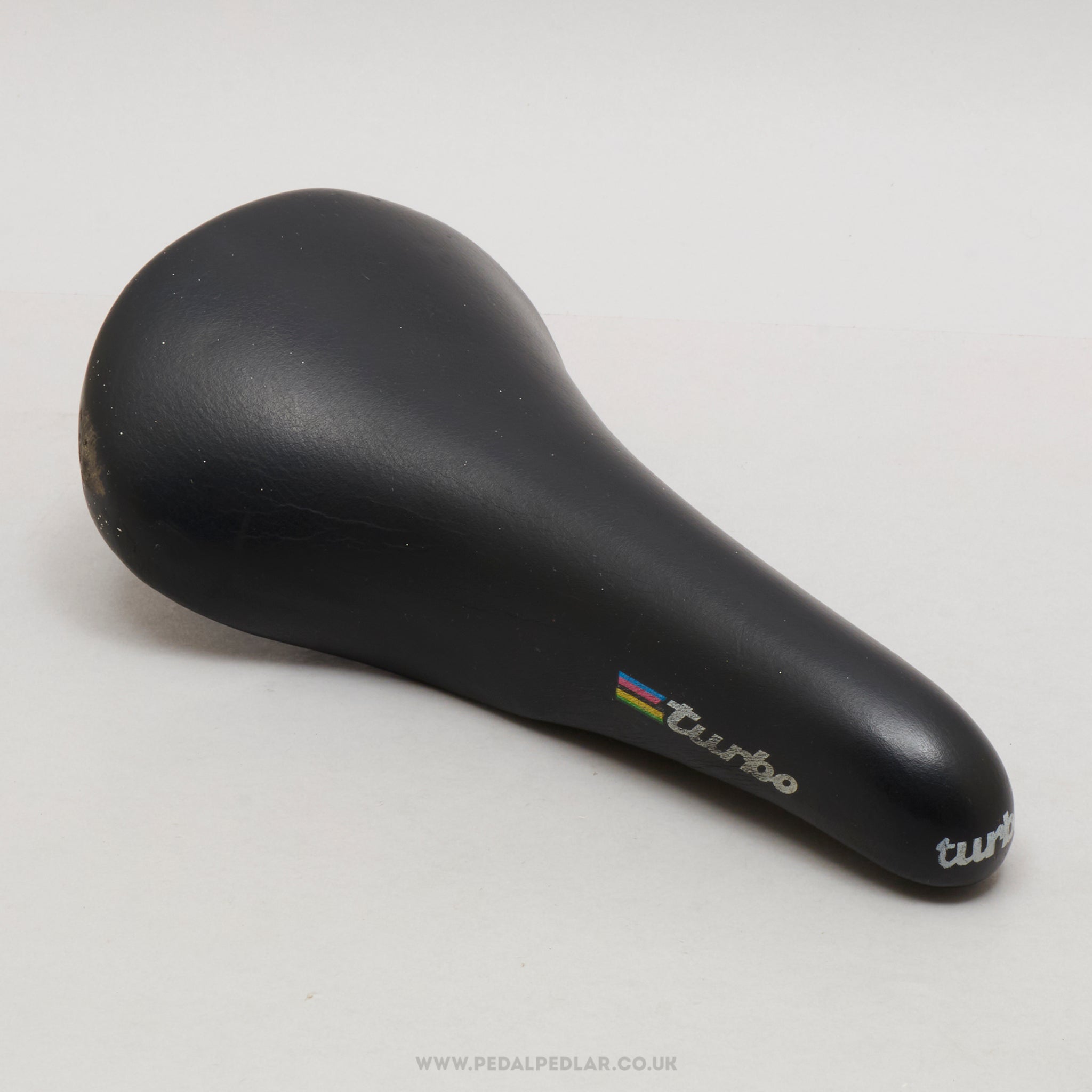 Selle Italia Turbo World Champion Stripes c.1995 Vintage Black Leather Saddle - Pedal Pedlar - Bike Parts For Sale