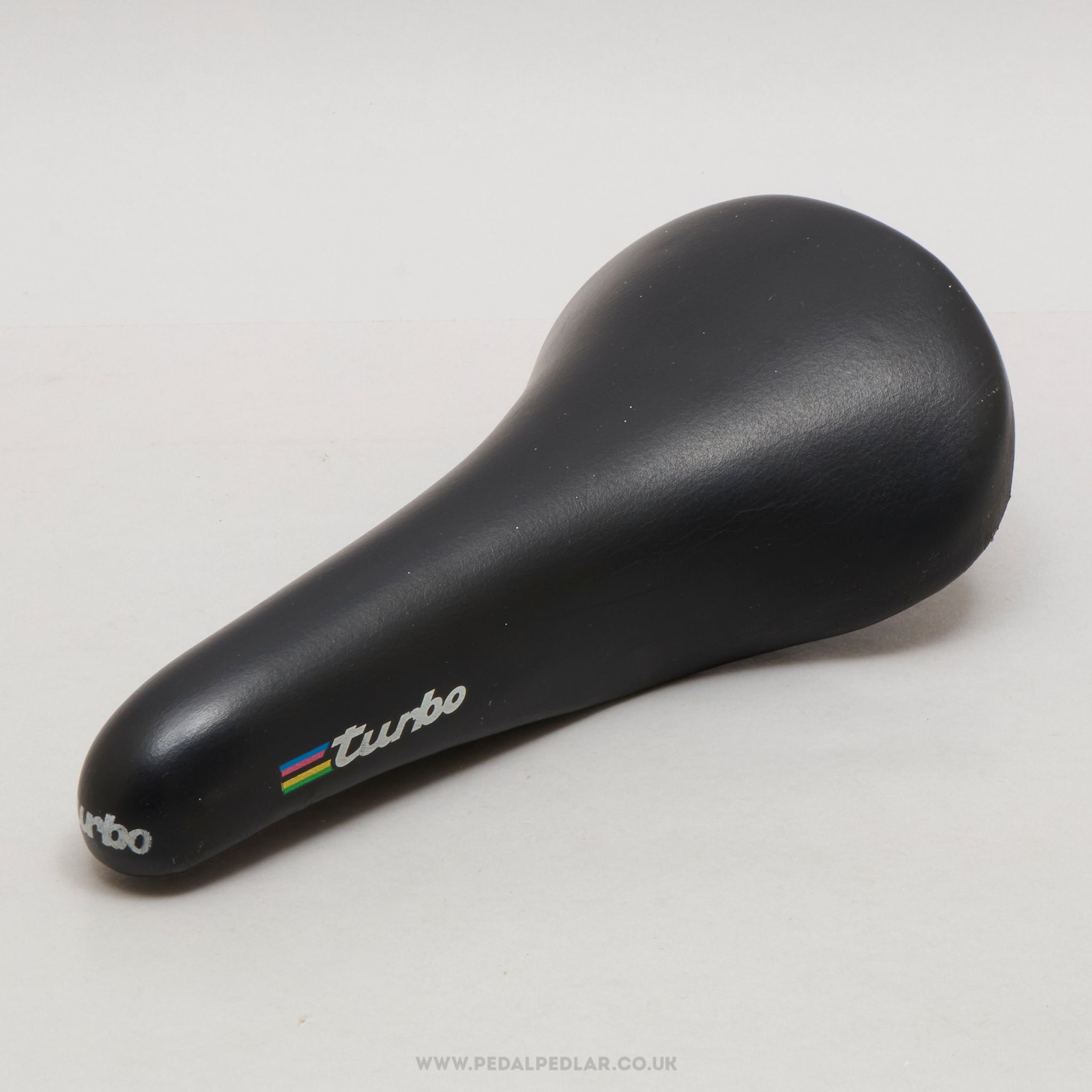 Selle Italia Turbo World Champion Stripes c.1995 Vintage Black Leather Saddle - Pedal Pedlar - Bike Parts For Sale