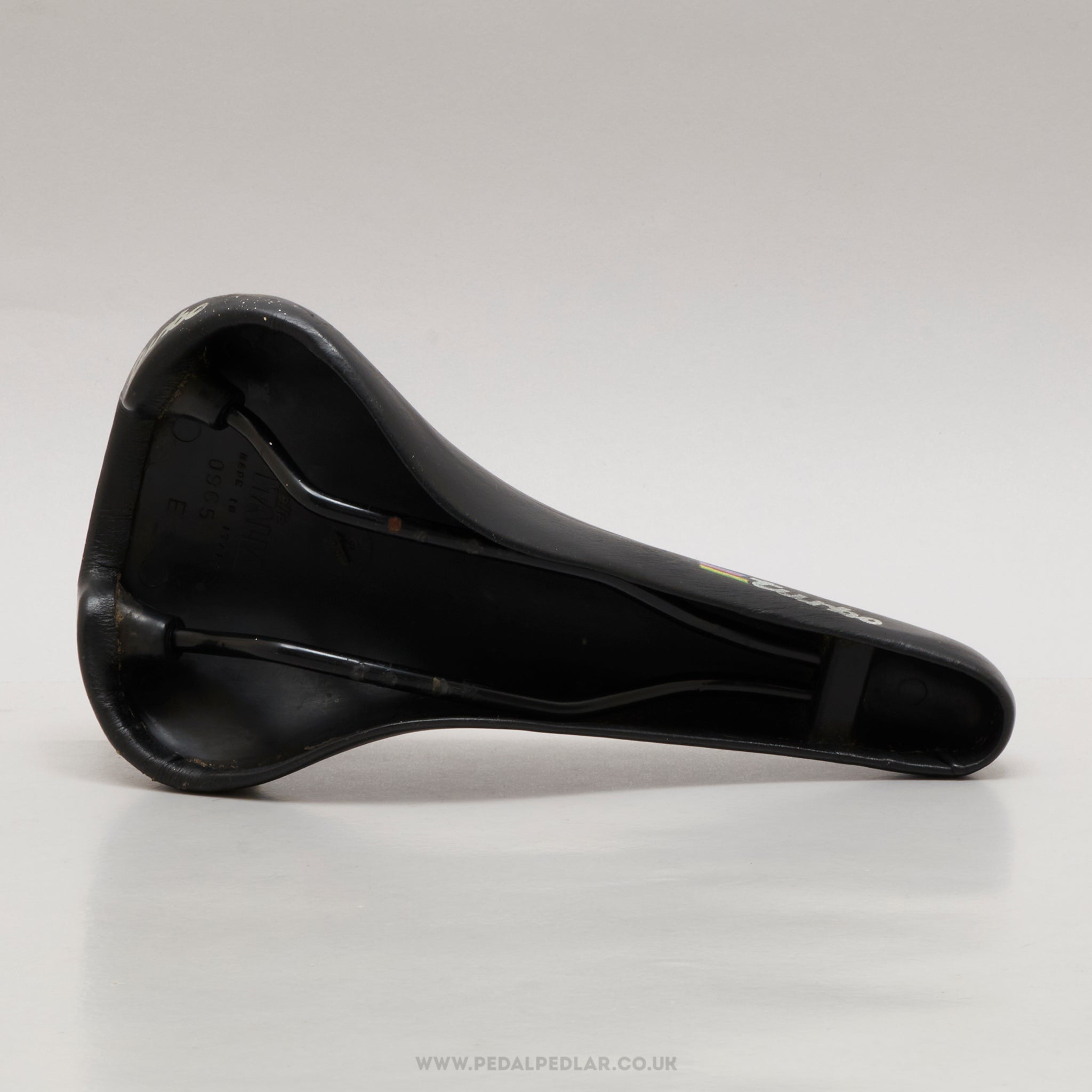Selle Italia Turbo World Champion Stripes c.1995 Vintage Black Leather Saddle - Pedal Pedlar - Bike Parts For Sale