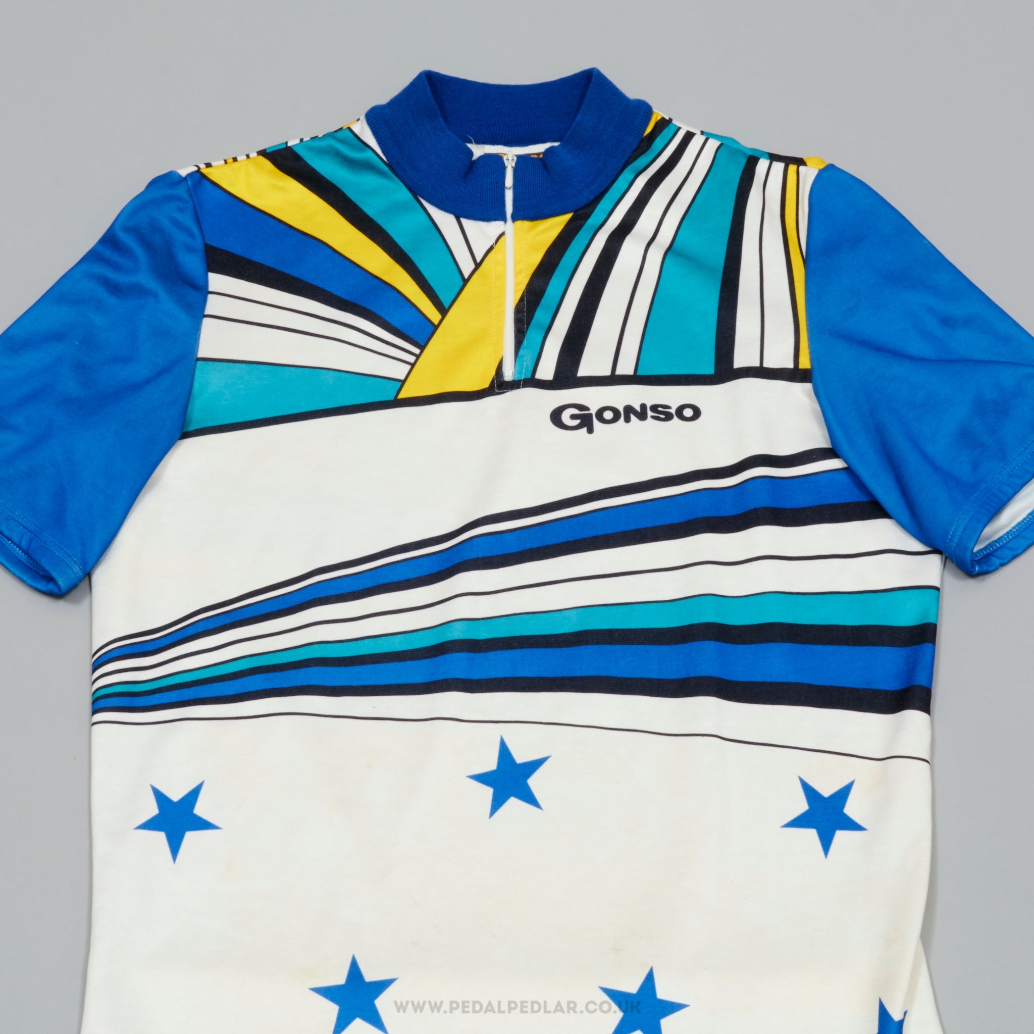 Gonso White& Yellow w) Blue Stars Medium Vintage Cycling Jersey - Pedal Pedlar - Clothing For Sale