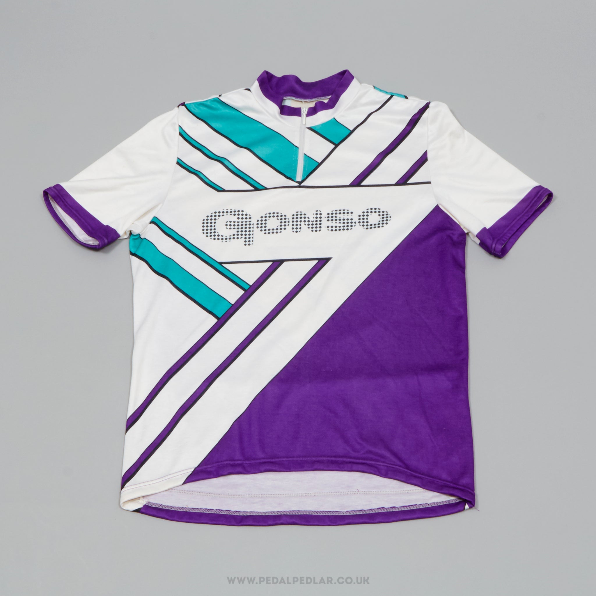 Gonso White, Purple and Teal Pattern Medium Vintage Cycling Jersey - Pedal Pedlar - Clothing For Sale
