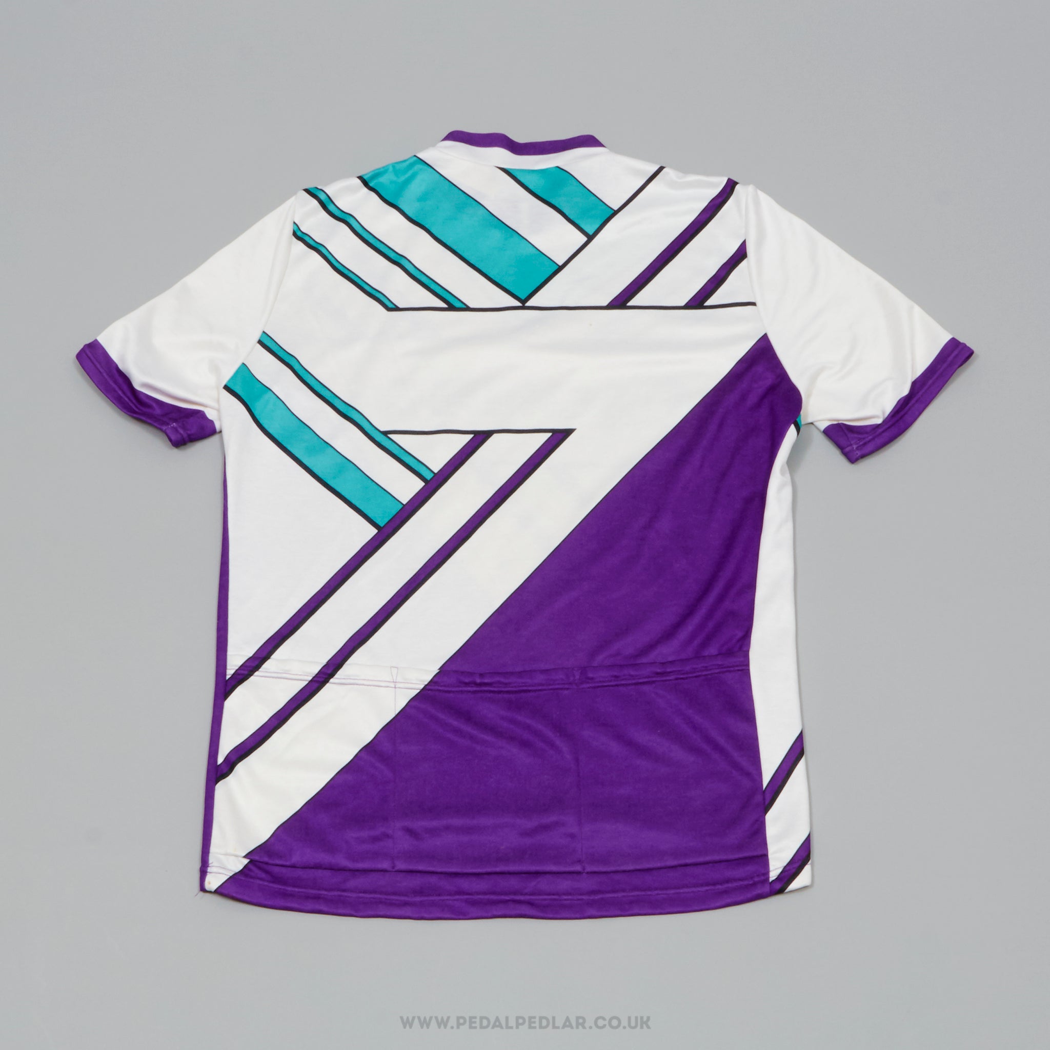 Gonso White, Purple and Teal Pattern Medium Vintage Cycling Jersey - Pedal Pedlar - Clothing For Sale