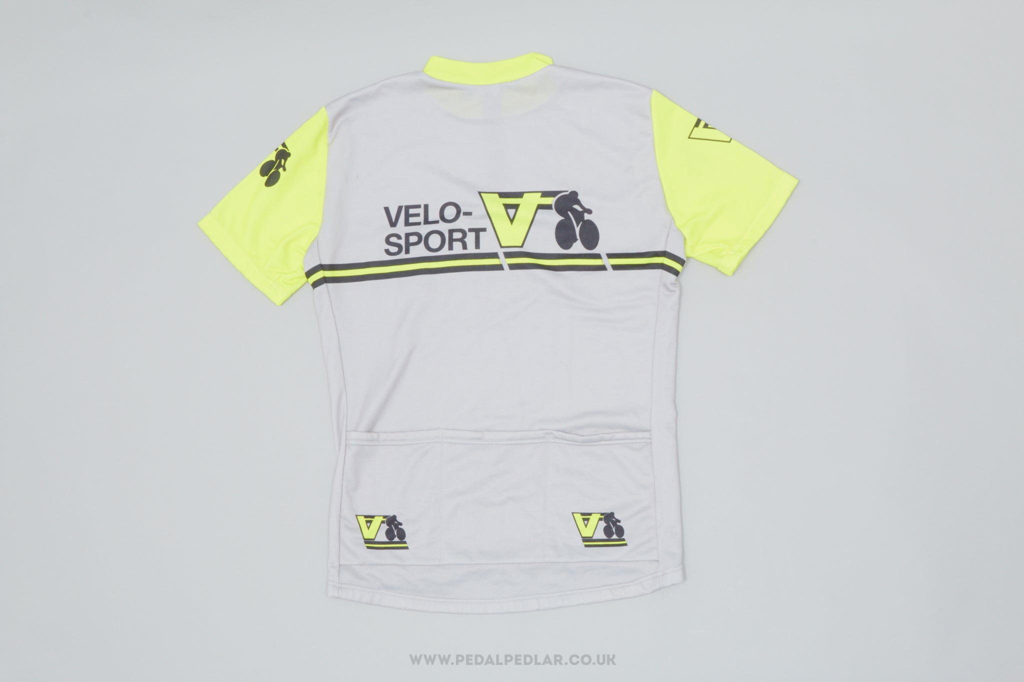 Velo-Sport Grey & Neon Yellow Medium Vintage Cycling Jersey - Pedal Pedlar - Clothing For Sale