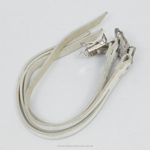 Vintage Leather White Double Toe Clip Straps - Pedal Pedlar - Bike Parts For Sale