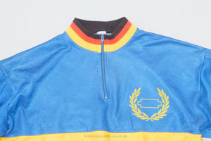 Brugemann Blue, Yellow, Black & Red Medium Vintage Cycling Jersey - Pedal Pedlar - Clothing For Sale