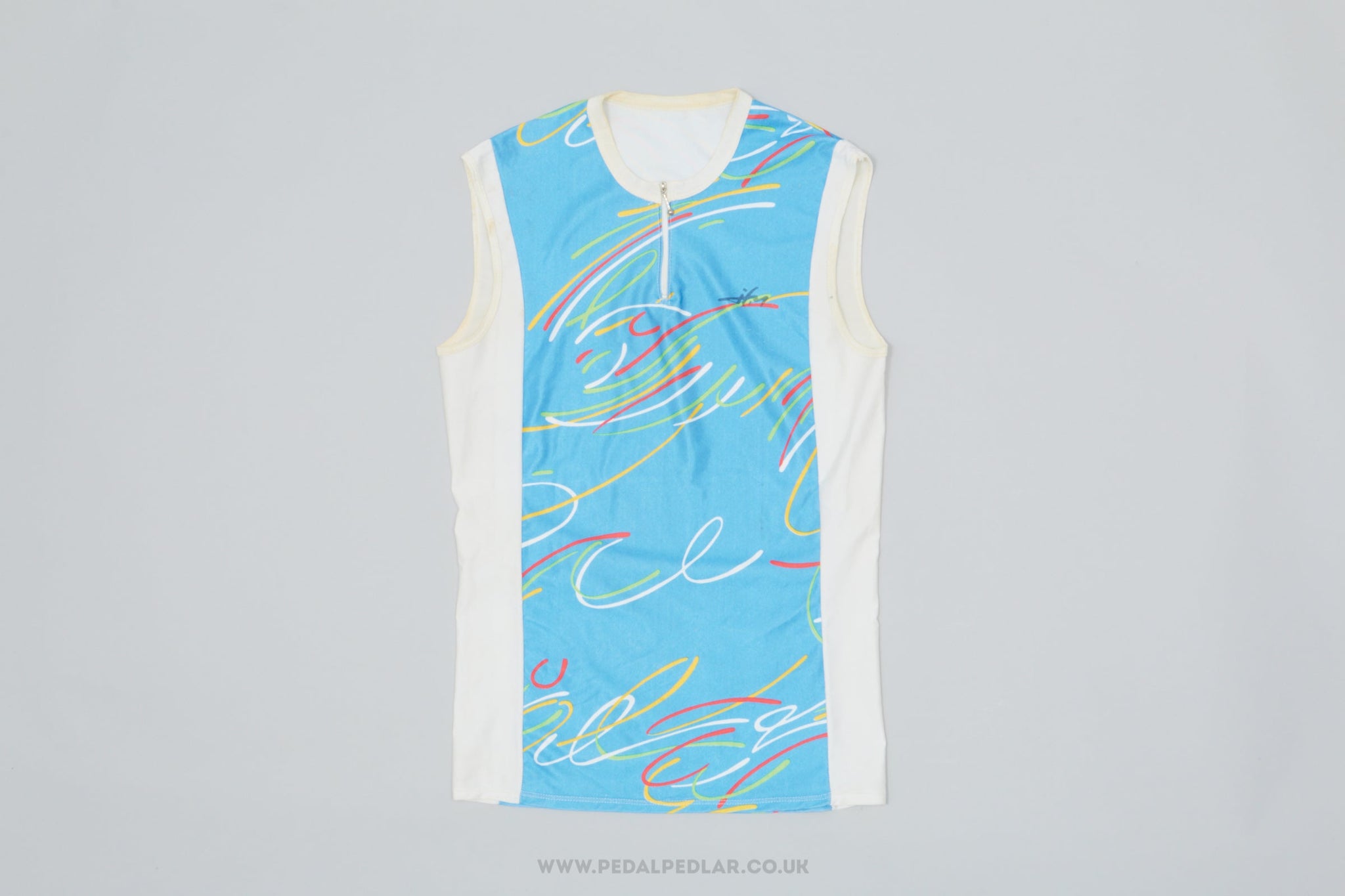 JFM Blue & White Squiggles Small Vintage Sleeveless Cycling Jersey - Pedal Pedlar - Clothing For Sale