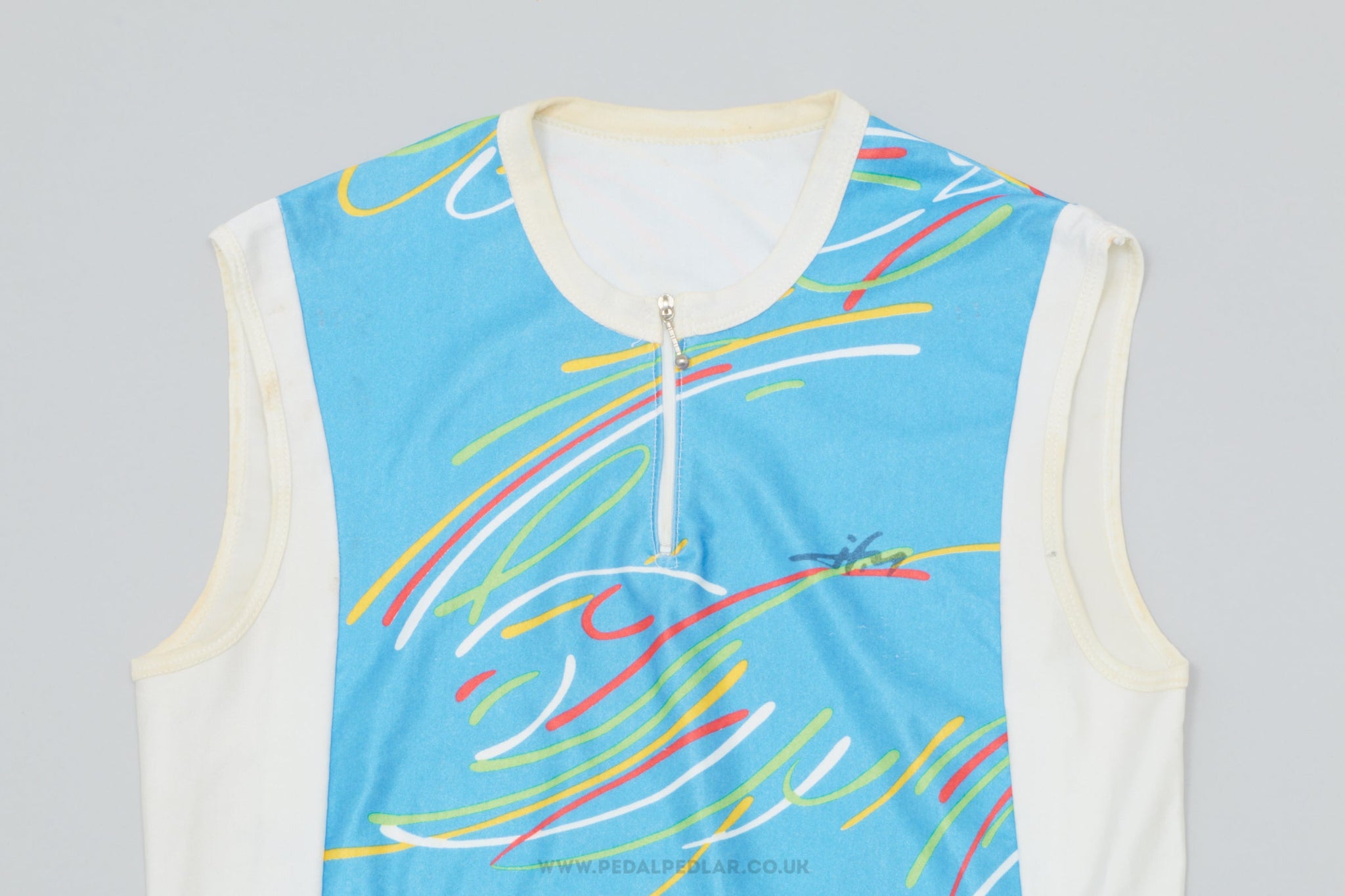 JFM Blue & White Squiggles Small Vintage Sleeveless Cycling Jersey - Pedal Pedlar - Clothing For Sale