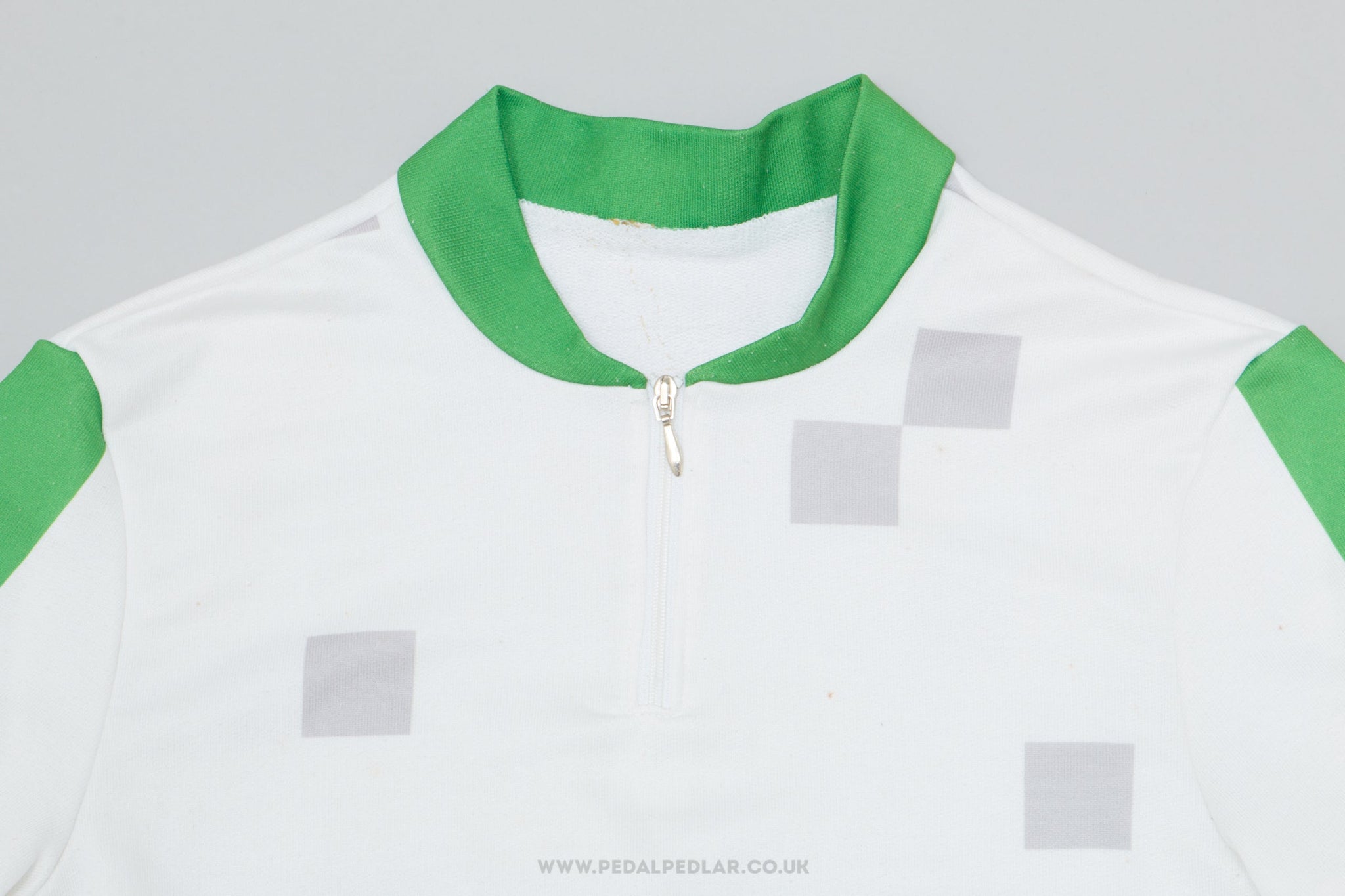 White / Grey / Green Geometric Medium Vintage Cycling Jersey - Pedal Pedlar - Clothing For Sale