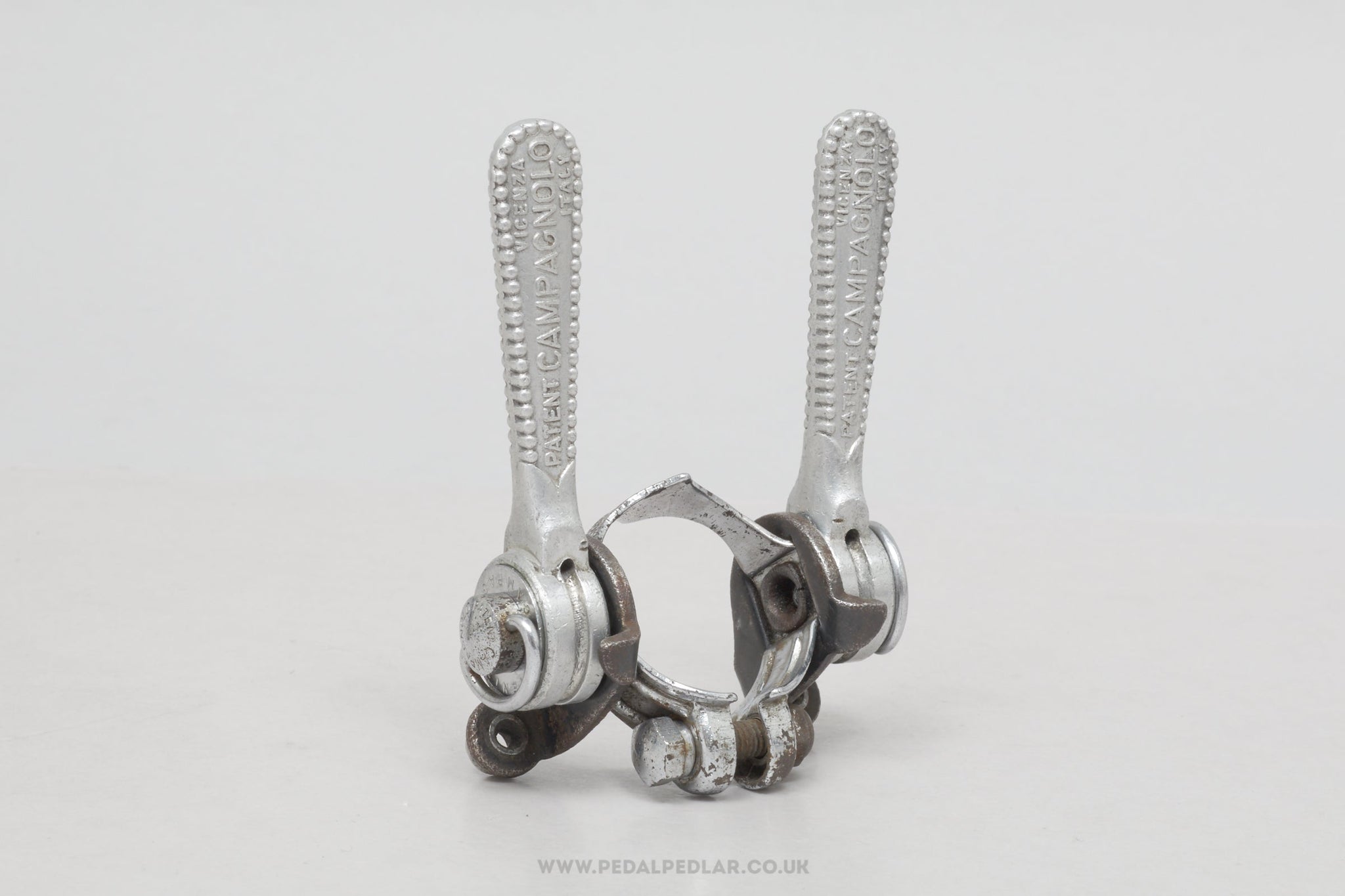 Campagnolo Nuovo / Super Record (1014) w) Black Cable Guides Vintage Clamp-On Downtube Shifters - Pedal Pedlar - Bike Parts For Sale