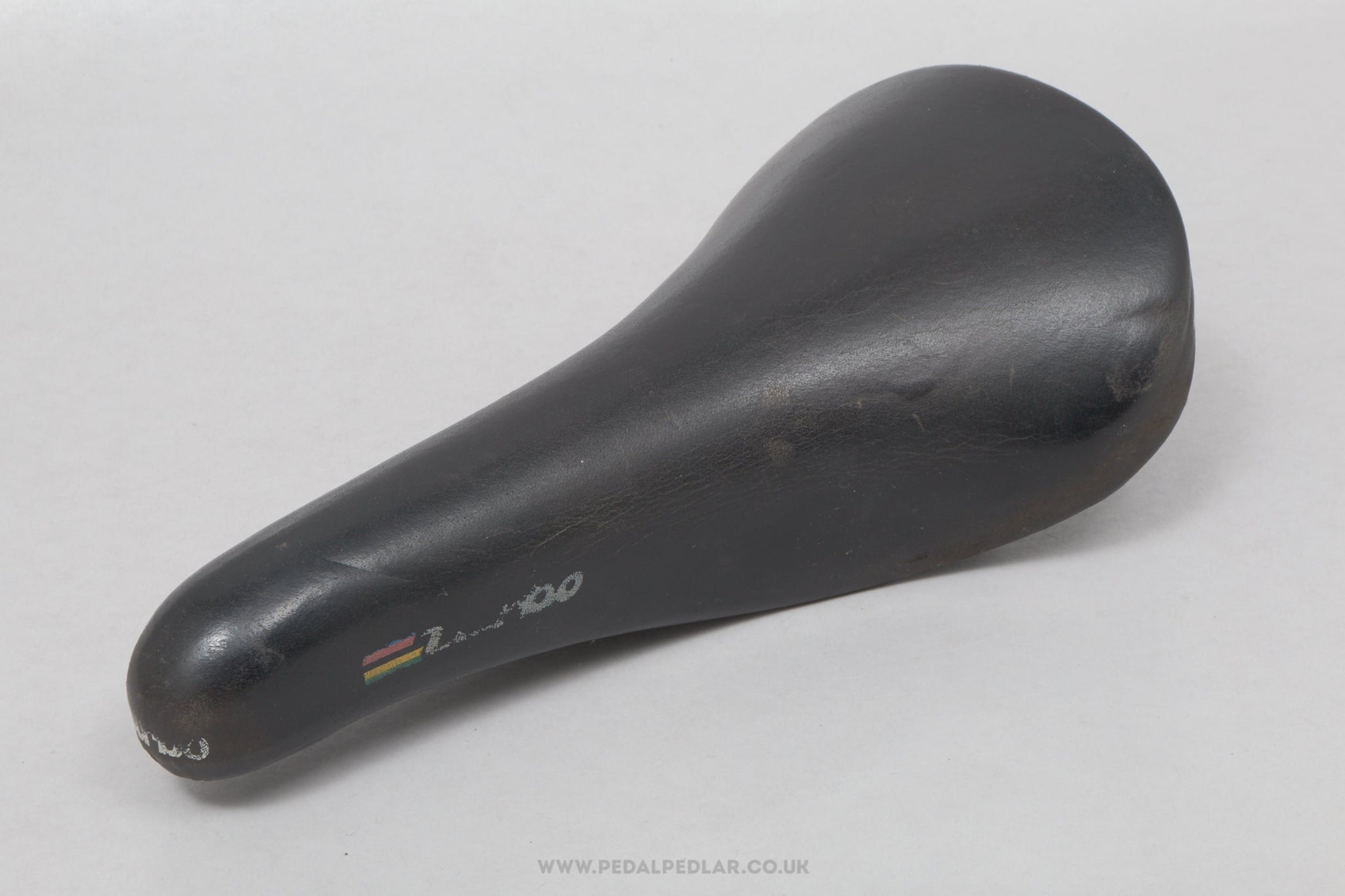 Selle Italia Turbo World Champion Stripes c.1986 Vintage Black Leather Saddle - Pedal Pedlar - Bike Parts For Sale